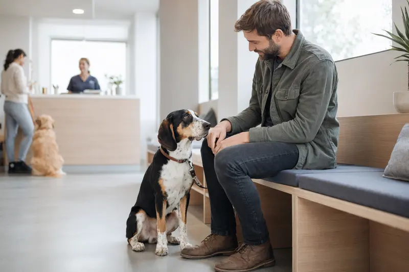 Französischer Dreifarbiger Laufhund sitzt ruhig neben seinem Besitzer im hellen Wartezimmer einer modernen Tierarztpraxis.